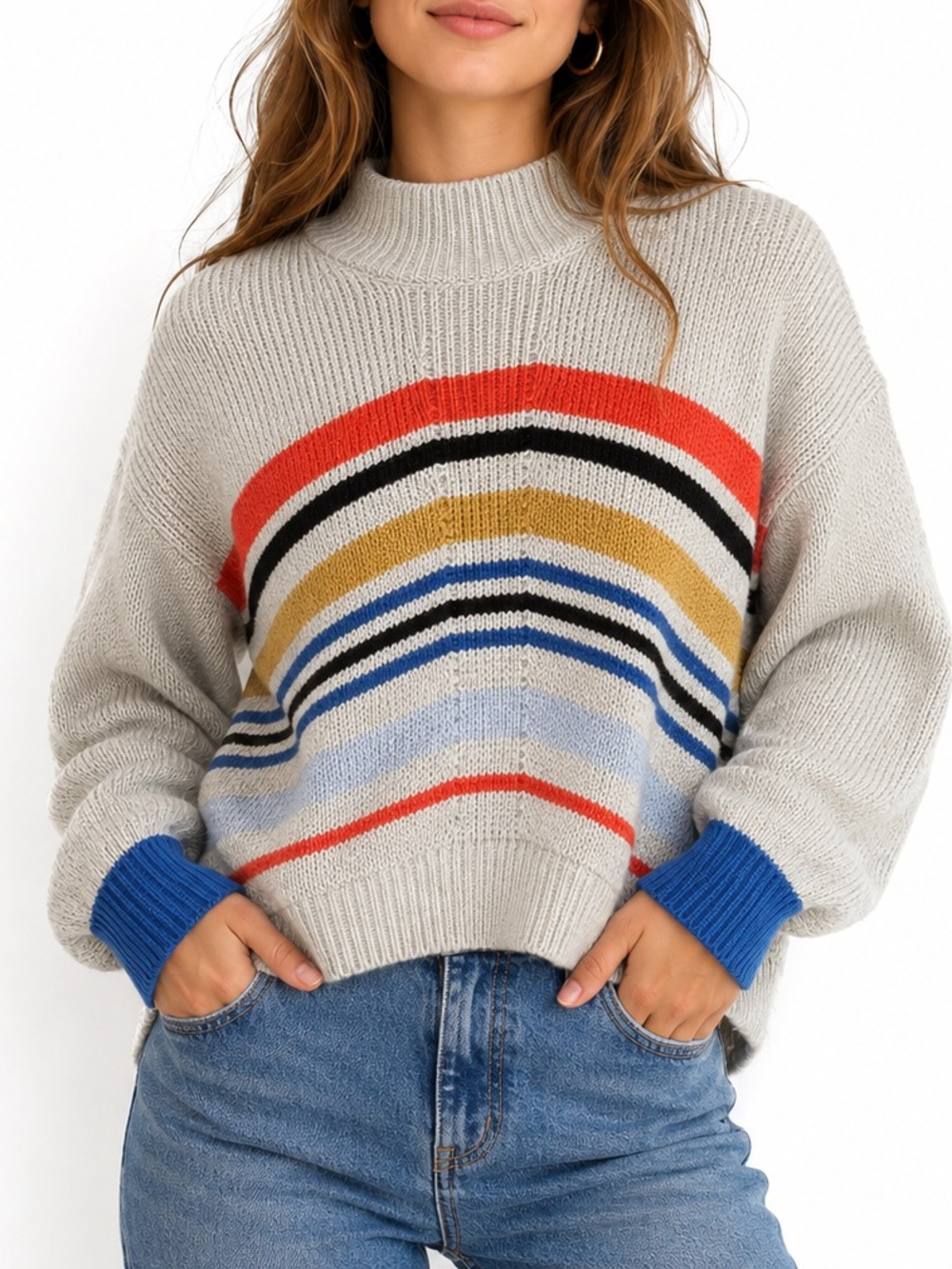 FOIL Cotton Striped Sweater Mock Neck Knit Pullover Multicolor Rainbow Casual